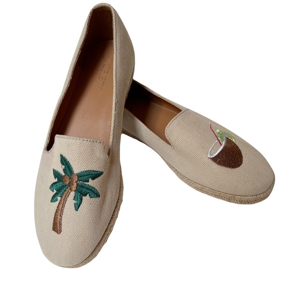 J Crew Factory Palm Tree Tropical Embroidered Slip-on Espadrilles Tan Canvas